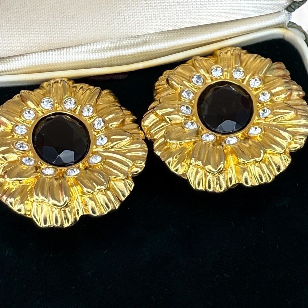Vintage Kenneth Jay Lane Avon Sunflower Earrings Clip Signed Black Gold KJL - Picture 8 of 10